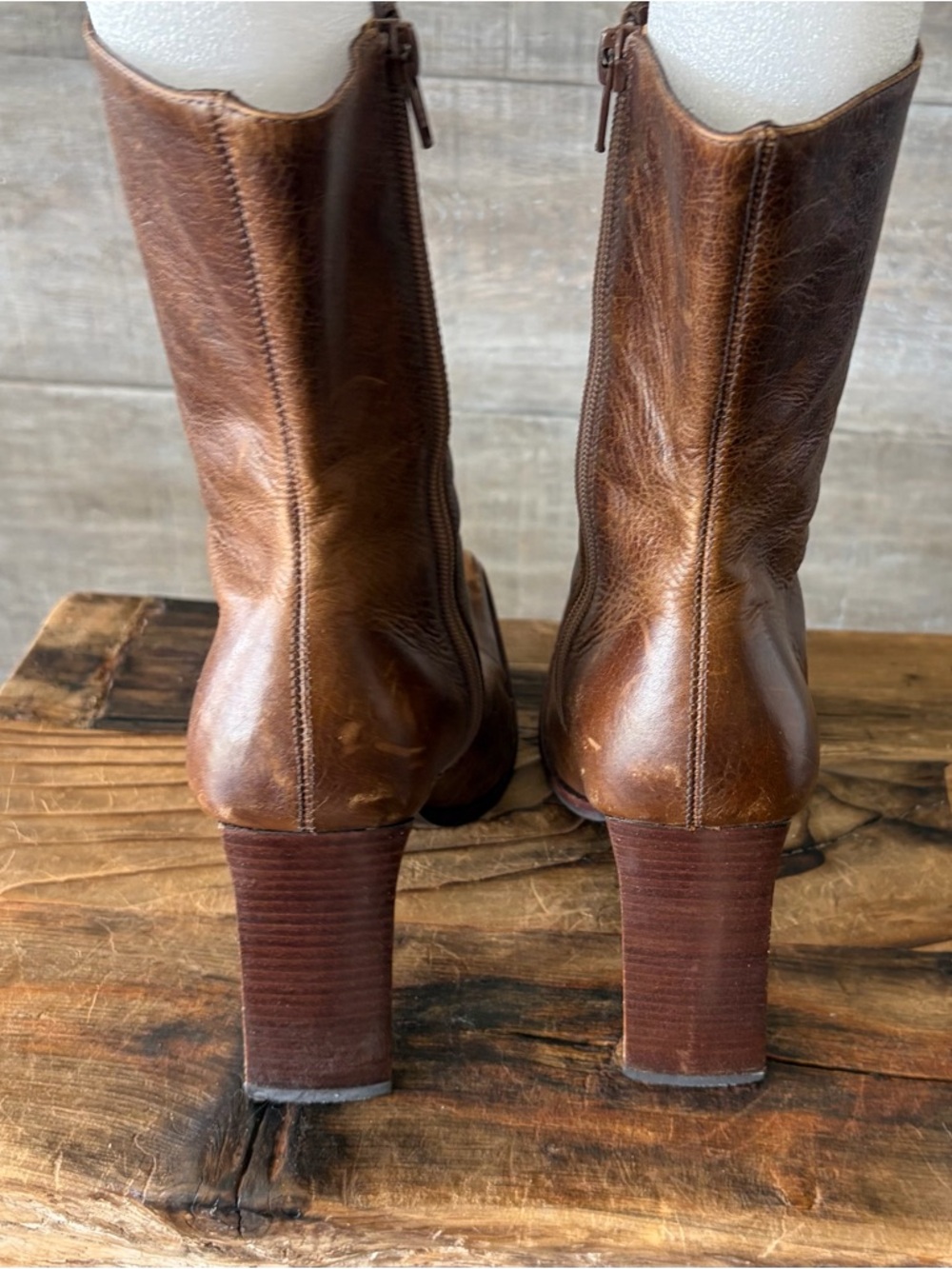 Brown Leather Mid-Calf Square-Toe Heel Boots - Picture 3 of 6